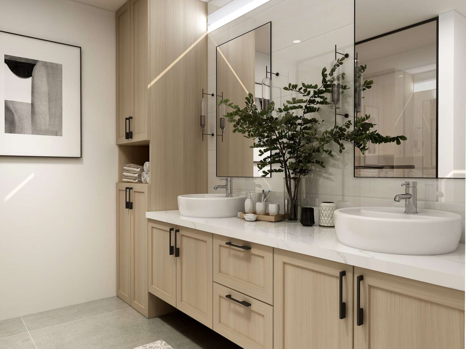 modern bathroom with wood vanity and black accents