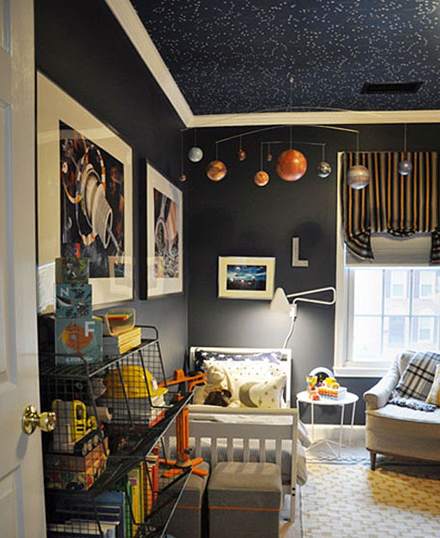 Space-themed kid's room with star-painting ceiling mural