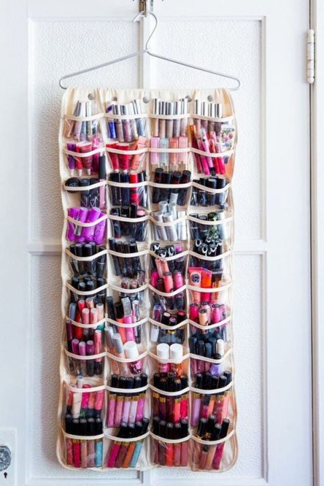 Using a hanging shoe organizer for makeup storage