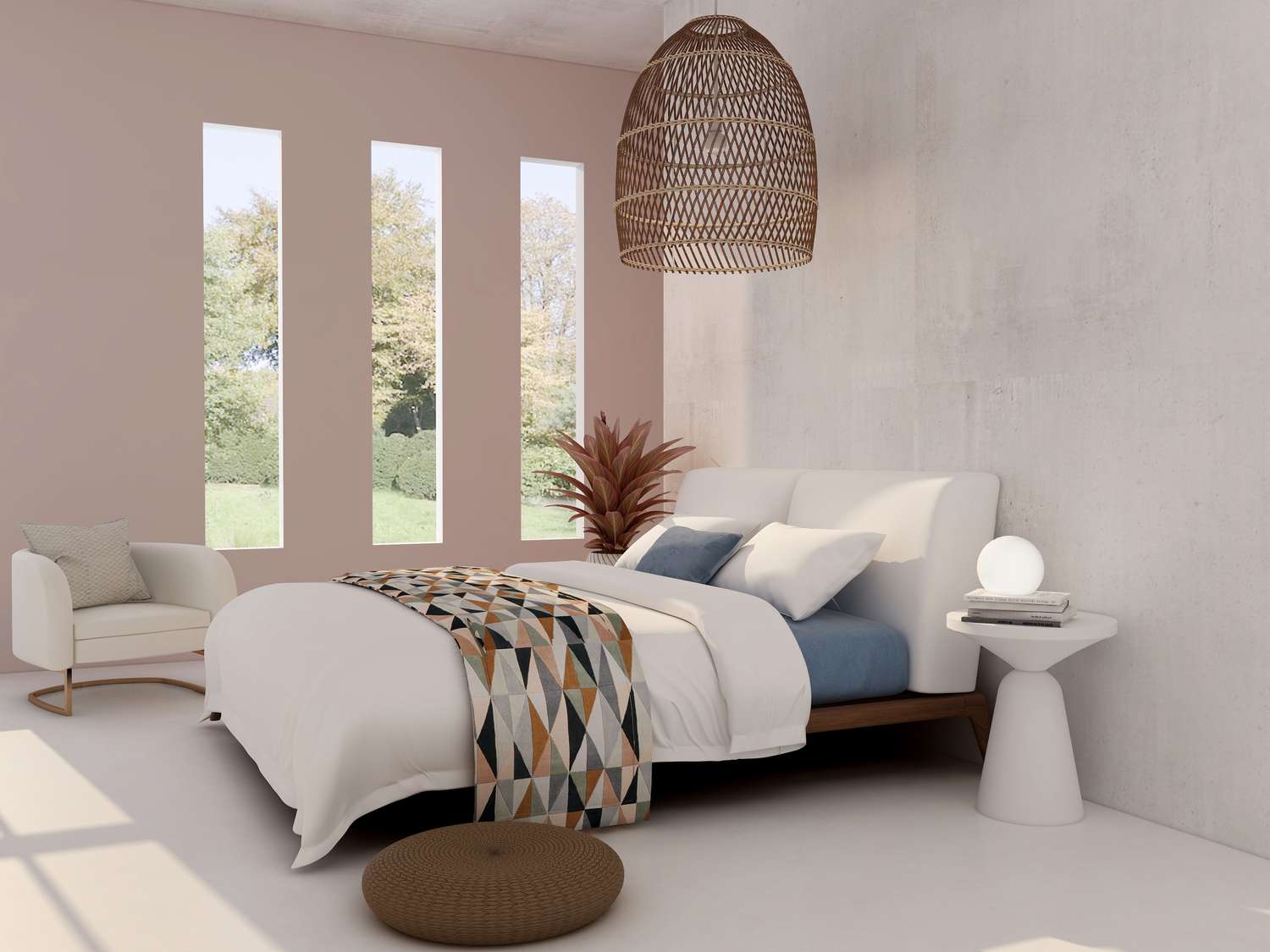 dormitorio bohemio con paredes blancas y colores tierra