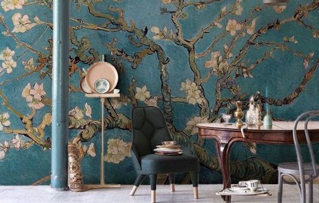 teal wallpaper with large muted floral design