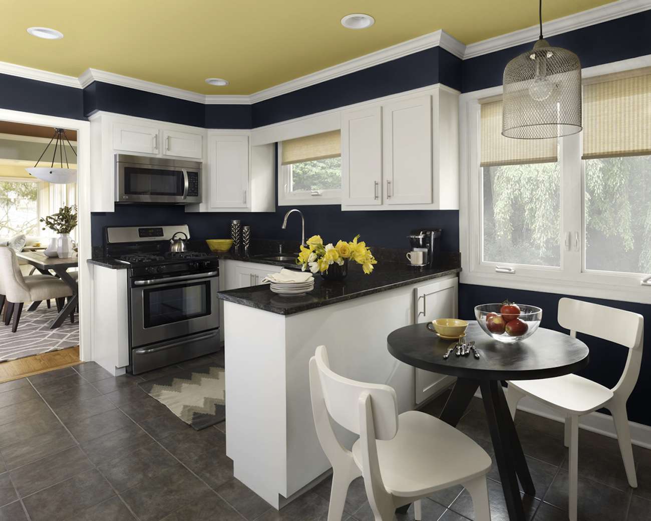 black and white color lock kitchen with gray tile floor