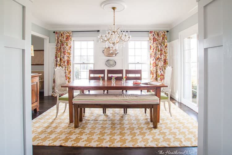 modern farmhouse, orange and yellow dining room, chandelier