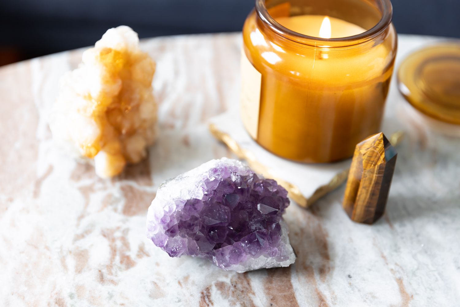 crystals on a marble table