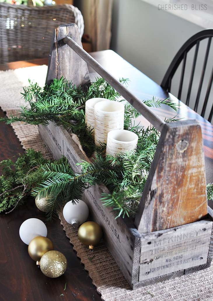 winter centerpiece with christmas ornaments 