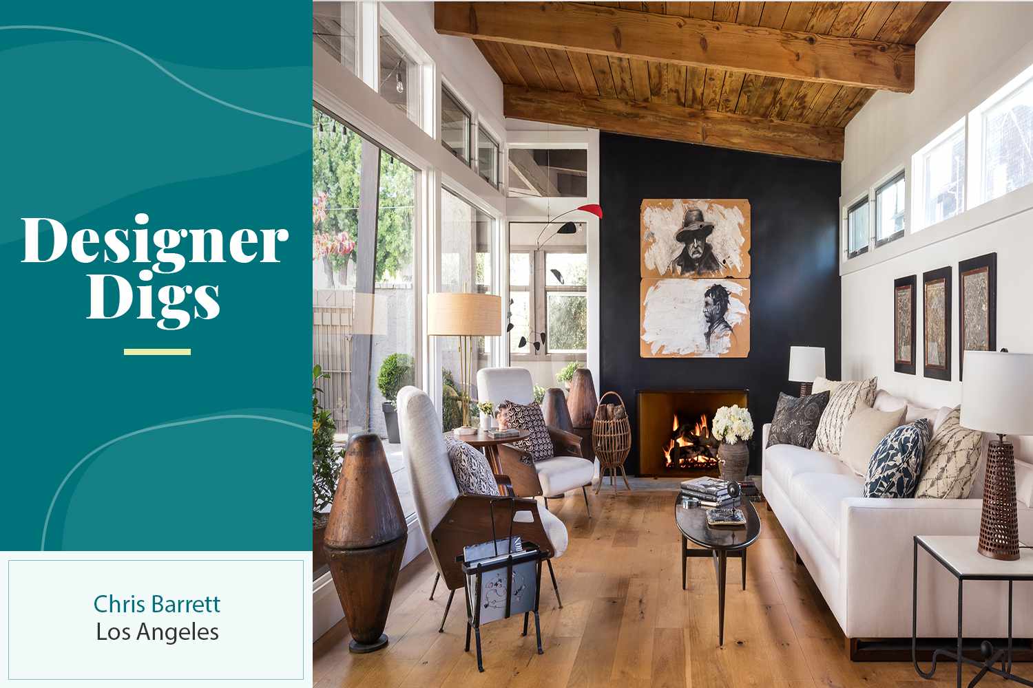 A sala de estar da casa do designer de interiores Chris Barrett em Los Angeles para a Designer Digs