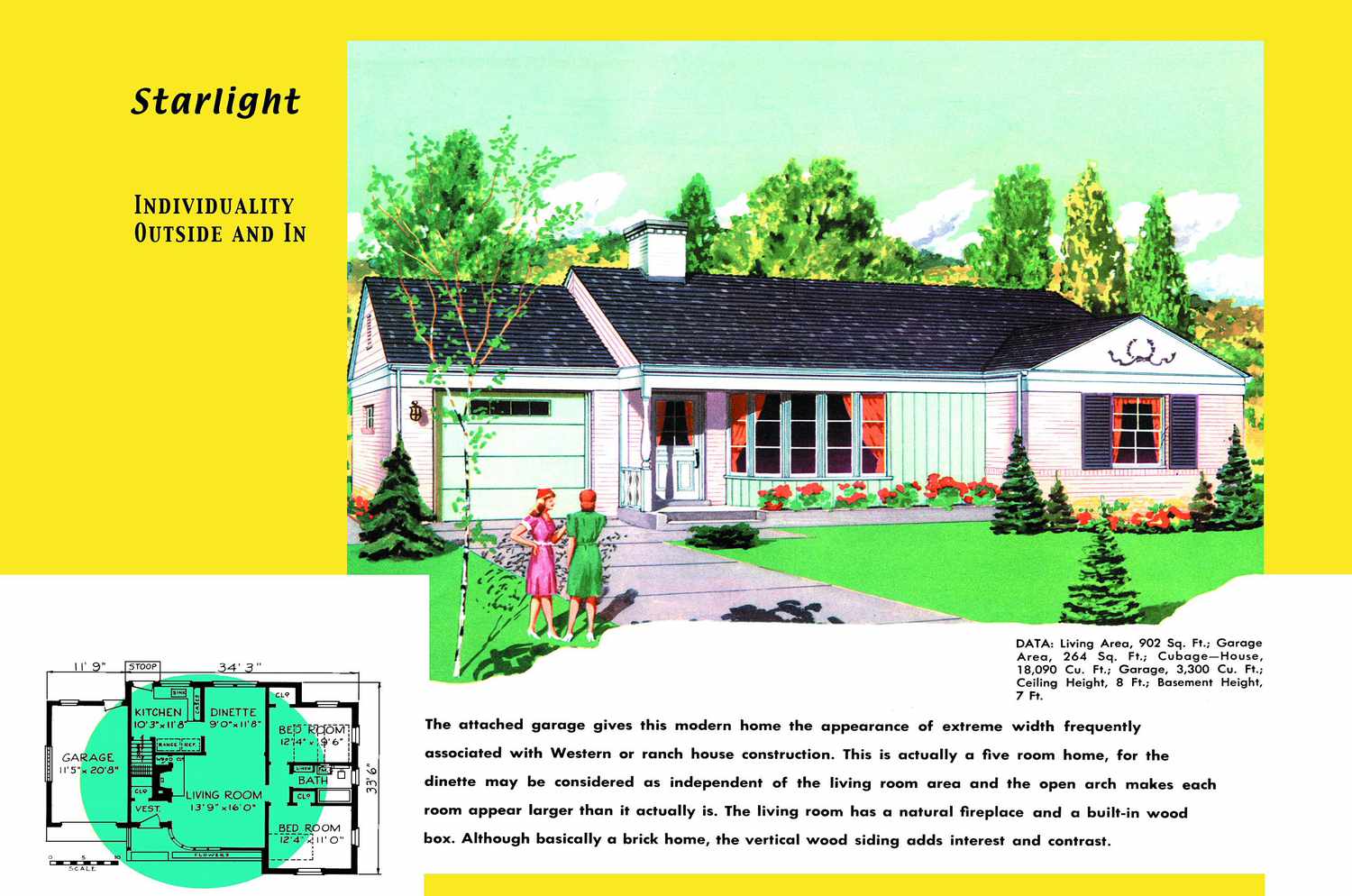 Planta baixa dos anos 1950 e renderização da casa em estilo rancho chamada Starlight com garagem anexa