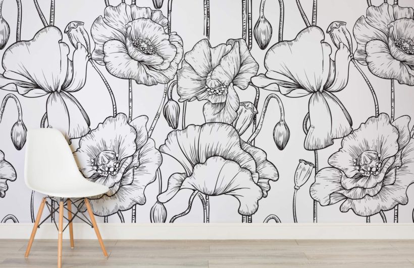 white wallpaper with large black floral print design