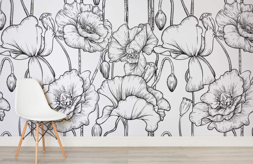 papel pintado blanco con gran diseño de estampado floral negro