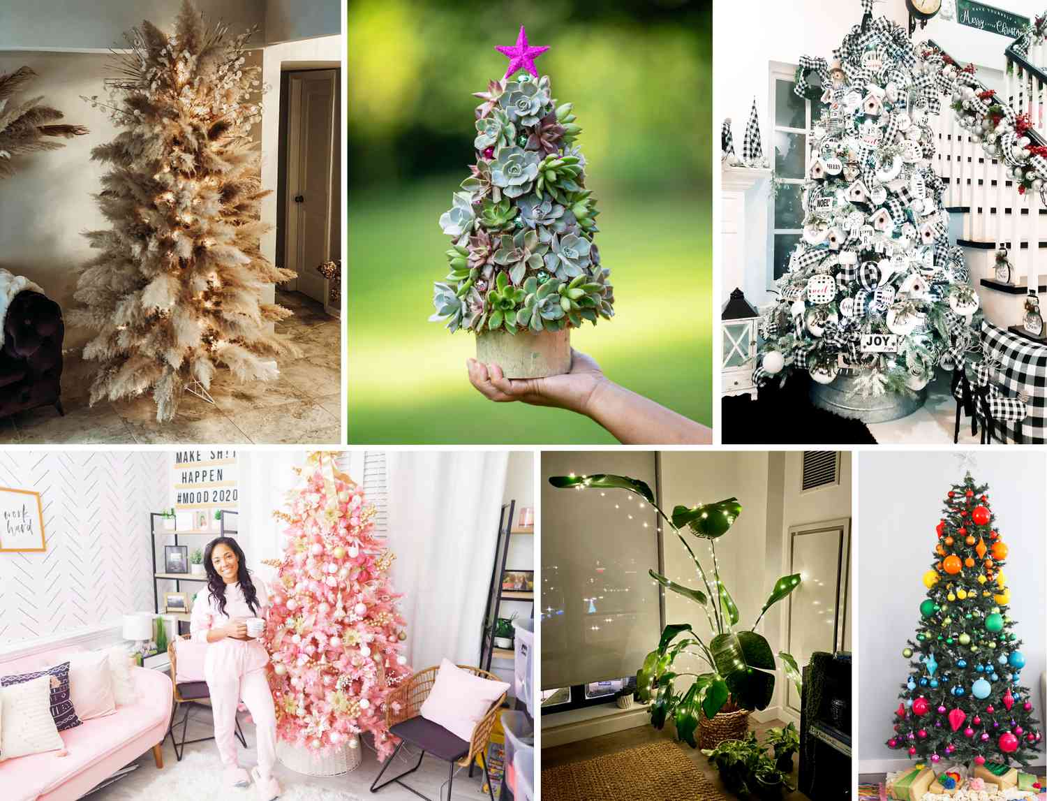 top christmas tree trends : boho tree, succulent tree, buffalo plaid tree, pink tree, plant tree, rainbow tree