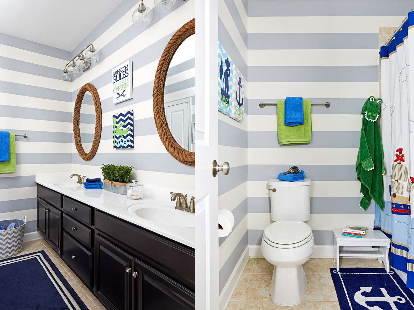 Striped walls in nautical inspired bathroom