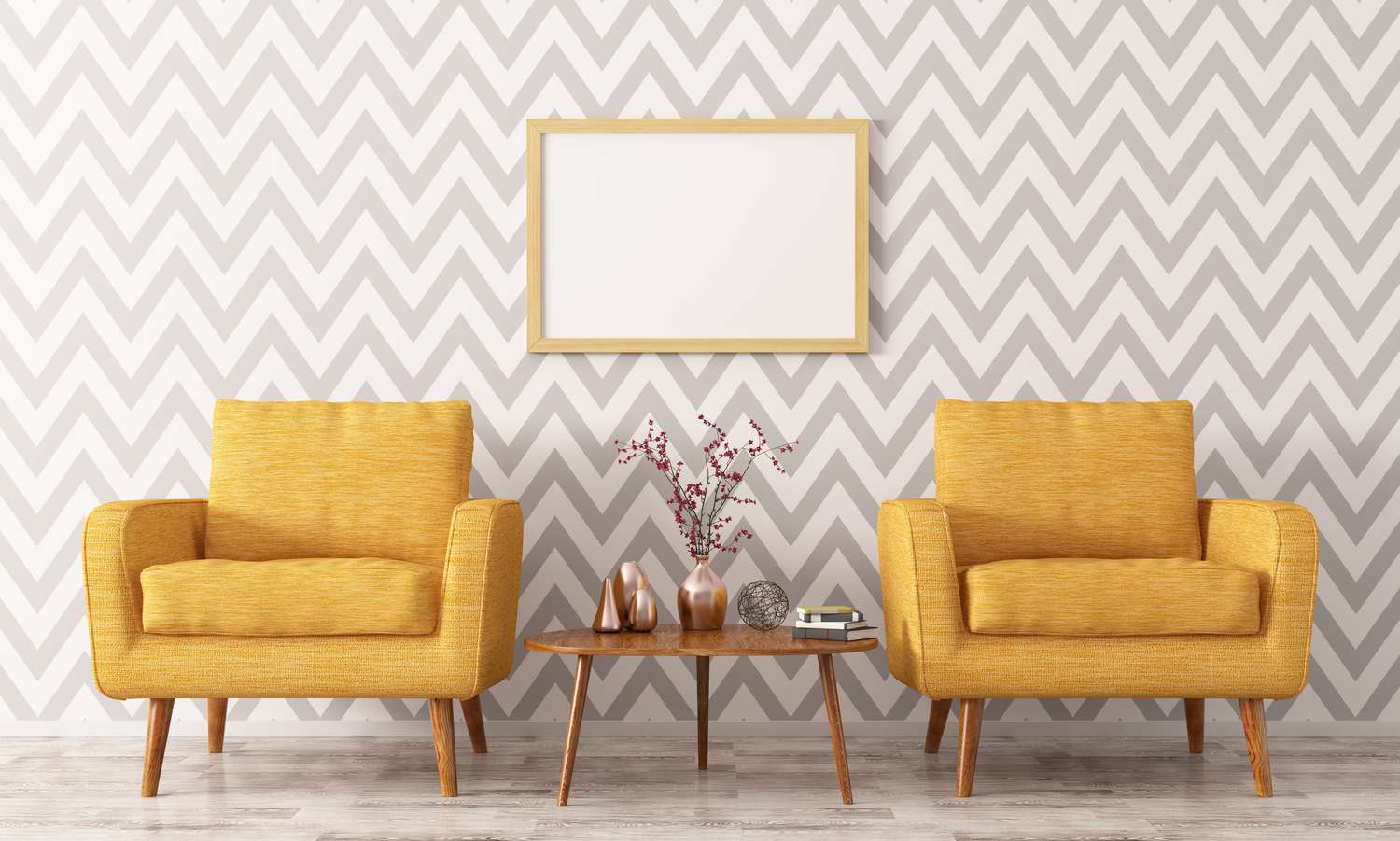 sala de estar com papel de parede cinza e branco e cadeiras amarelas