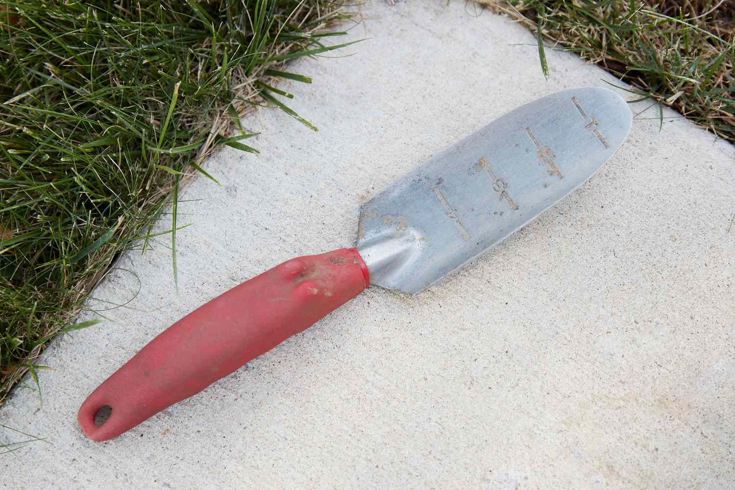 Espátula com cabo vermelho sobre cimento branco ao lado da grama