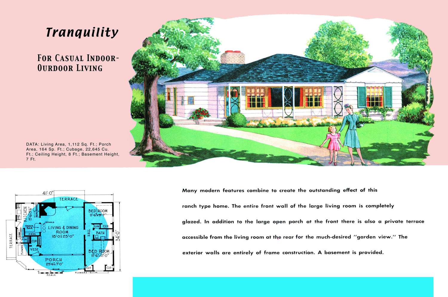Plano y render de una casa estilo rancho de los años 50 llamada Tranquility
