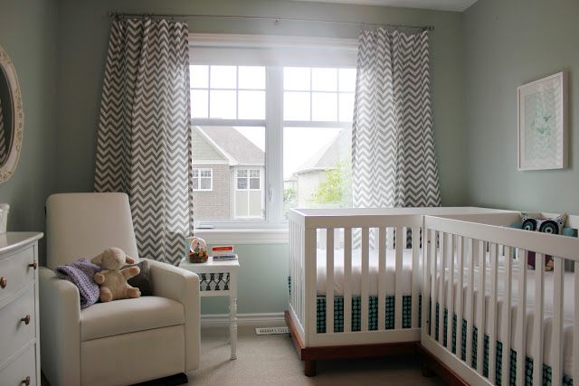 Caddy-corner cribs in gender-neutral, aqua and grey twin nursery