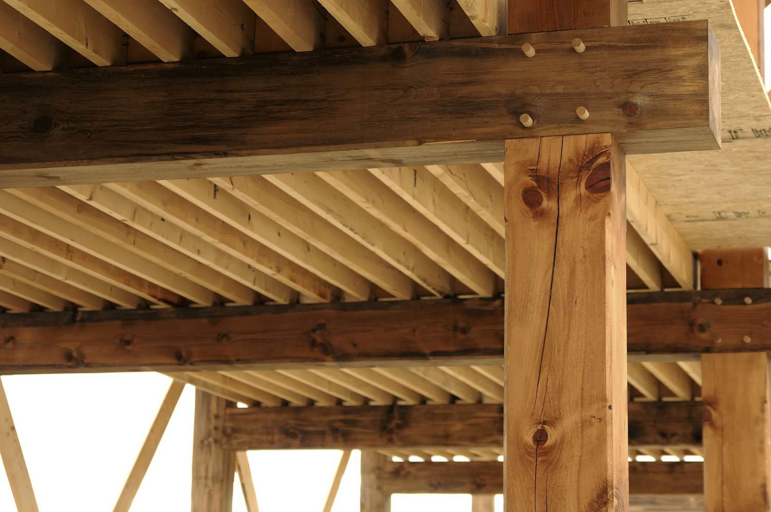 Detail einer Fachwerkkonstruktion mit großen Holzbalken, die mit Holzpflöcken zusammengehalten werden