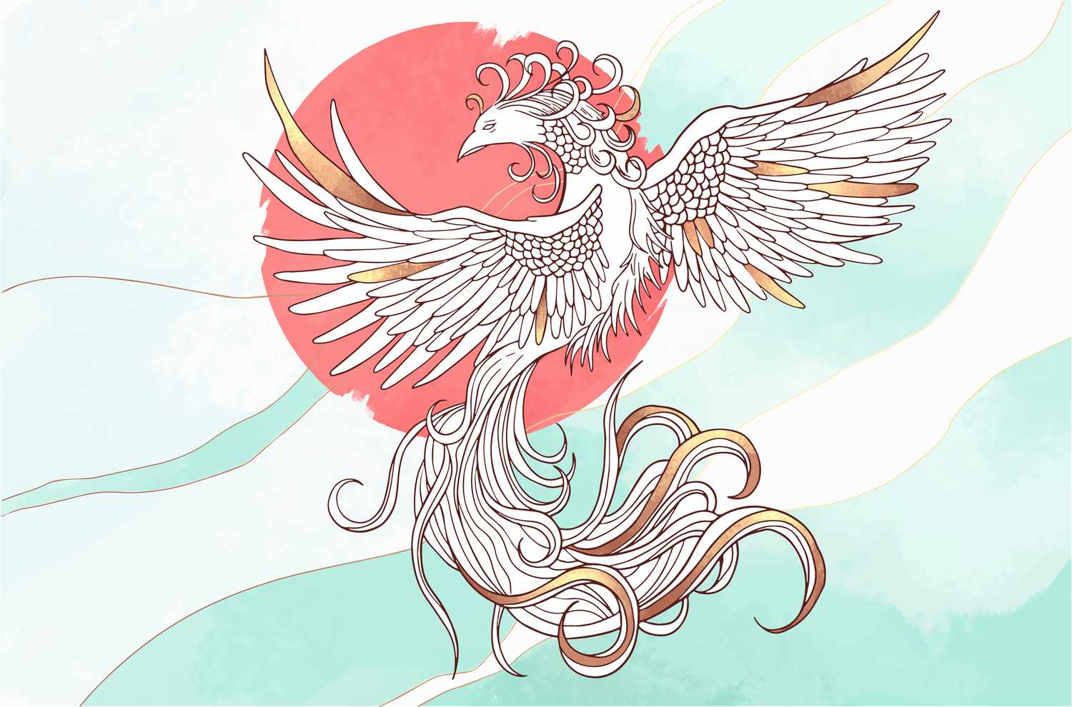 abstrakte Illustration des mythologischen Vogels Phönix Fenghuang auf hellem Hintergrund