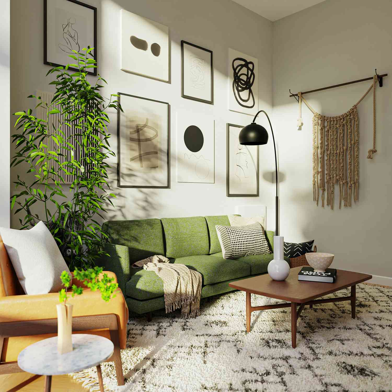 Wohnzimmer mit grünem Sofa, schwarzen Akzenten und grüner Pflanze