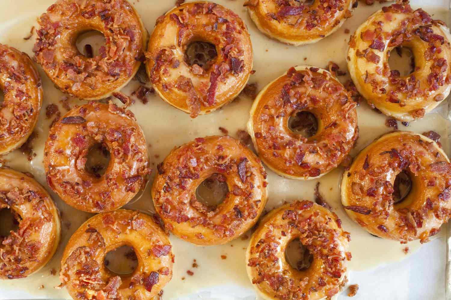 Maple glazed bacon donuts photographed from above
