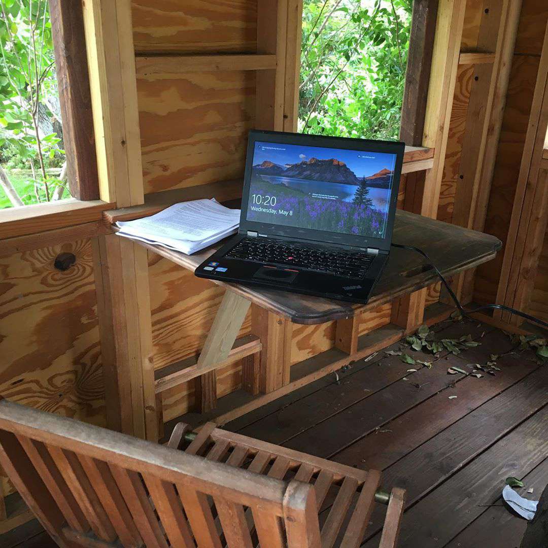 Dentro de uma casa na árvore com um laptop