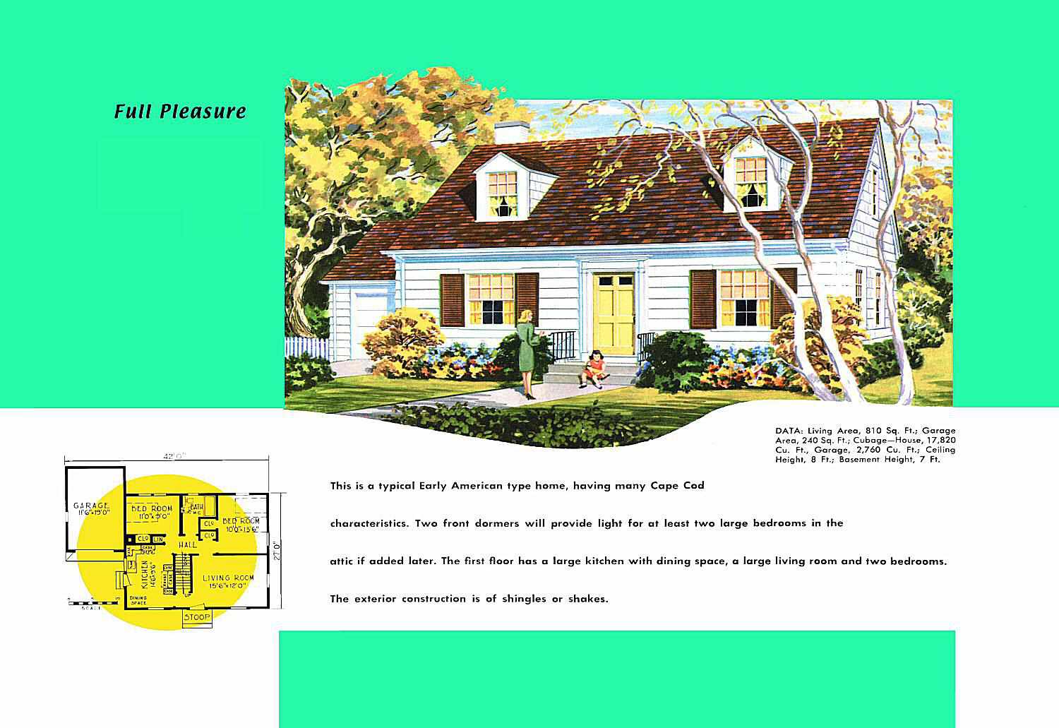 1950er Jahre Grundriss und Rendering von Cape Cod Haus namens Full Pleasure