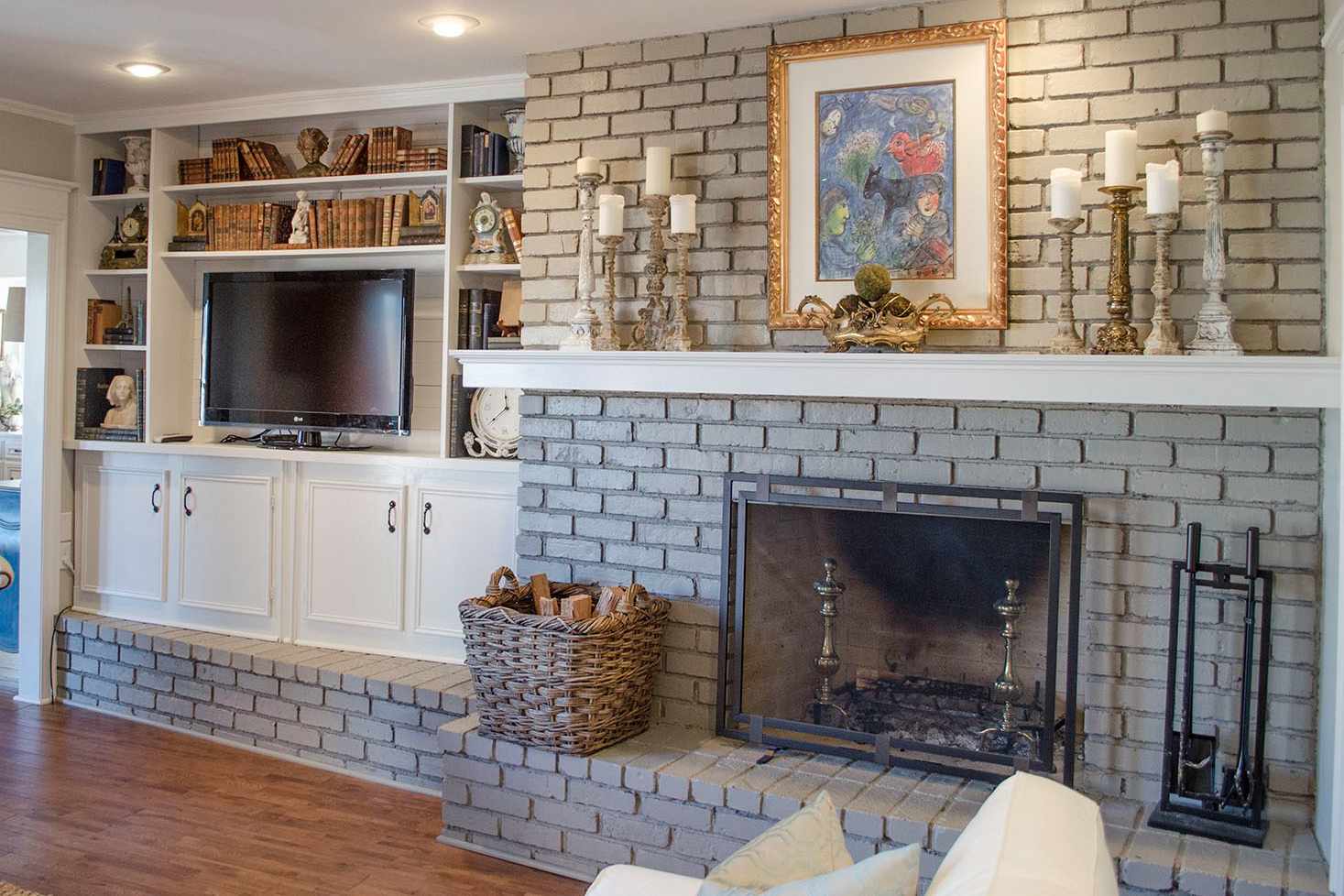 vintage inspired interior gray brick fireplace