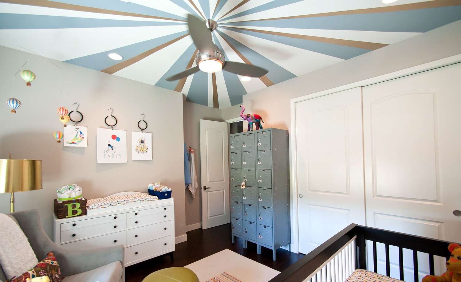 striped ceiling in kids room with ceiling fan