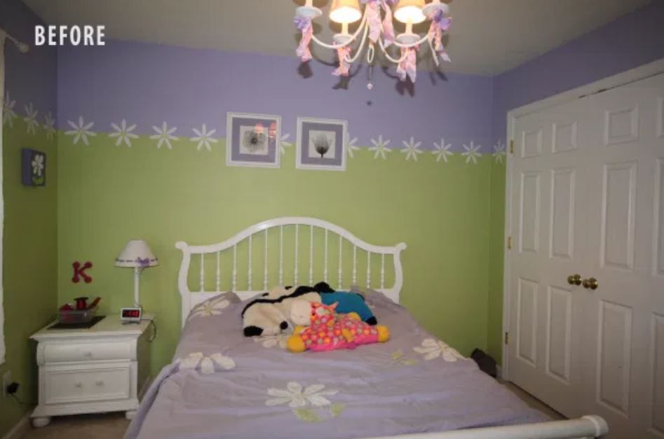 Chambre de petite fille aux murs violets et verts