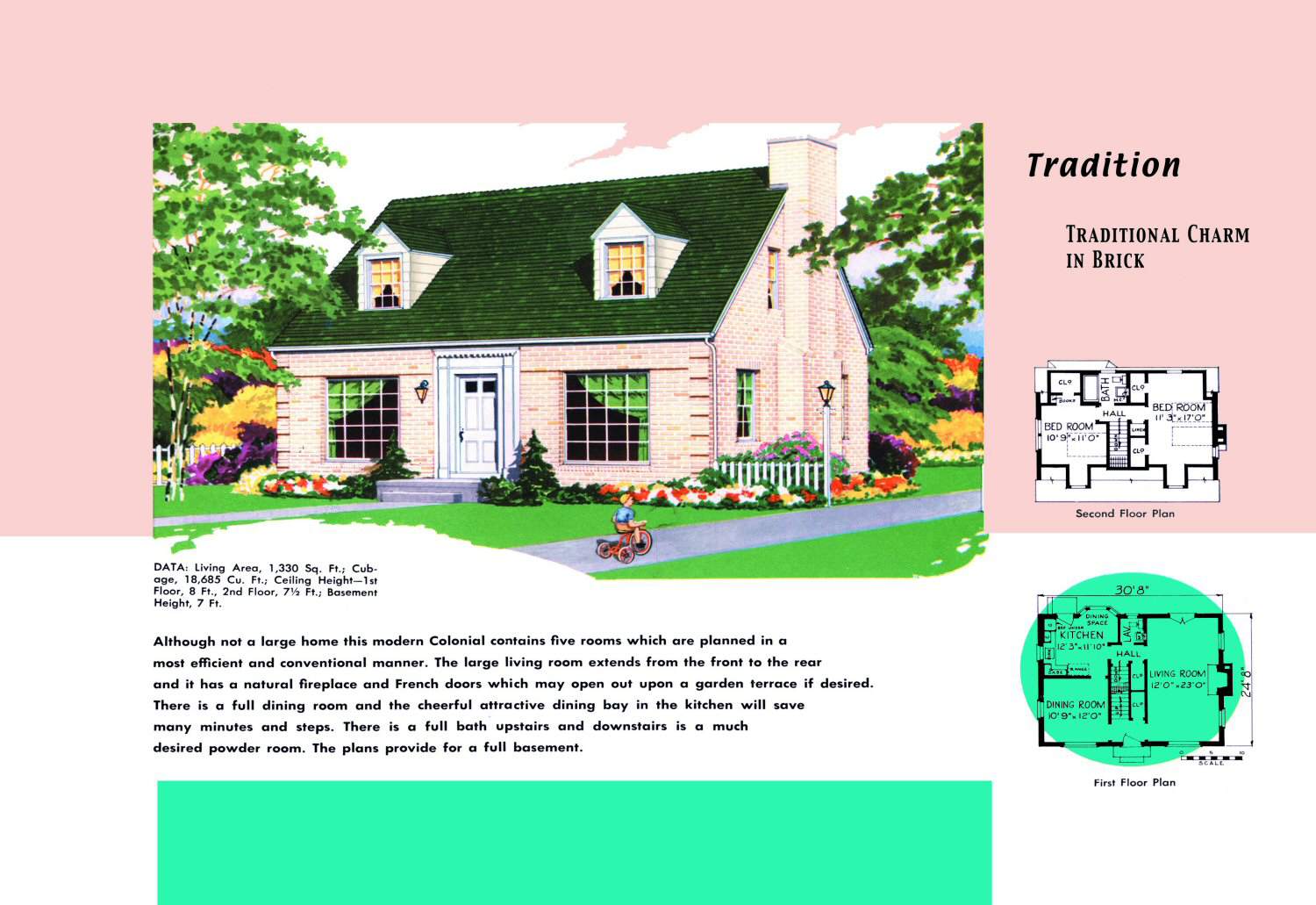 1950er Jahre Grundriss und Rendering von Cape Cod Haus namens Tradition