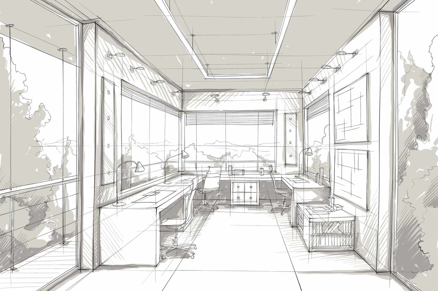 renderização em preto e branco da arquitetura de interiores