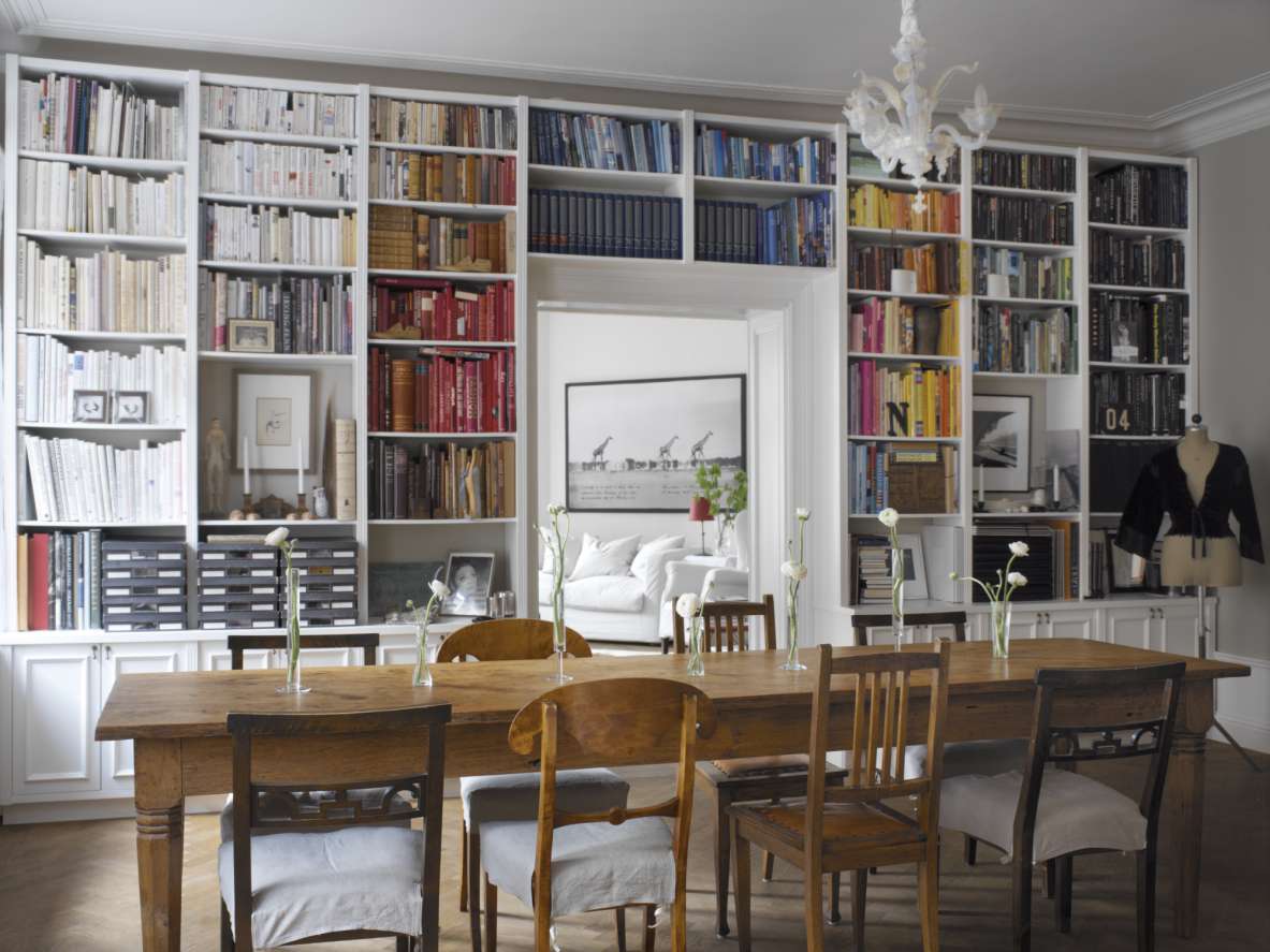 Bookshelves in a dining room