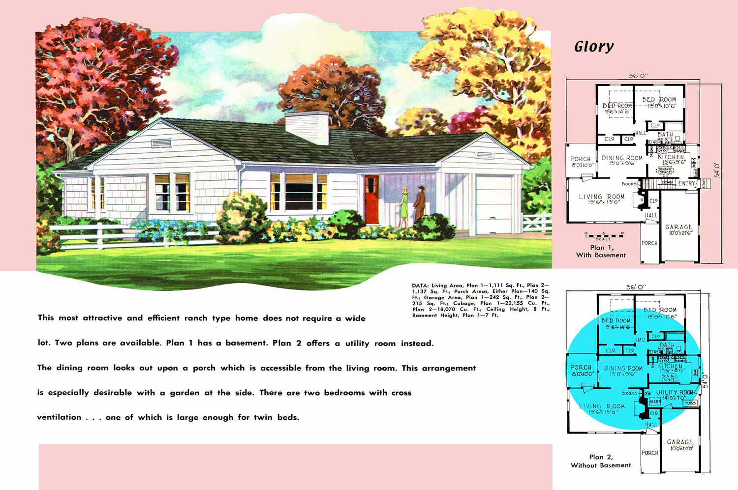 Planta baixa dos anos 1950 e renderização da casa em estilo rancho chamada Glory