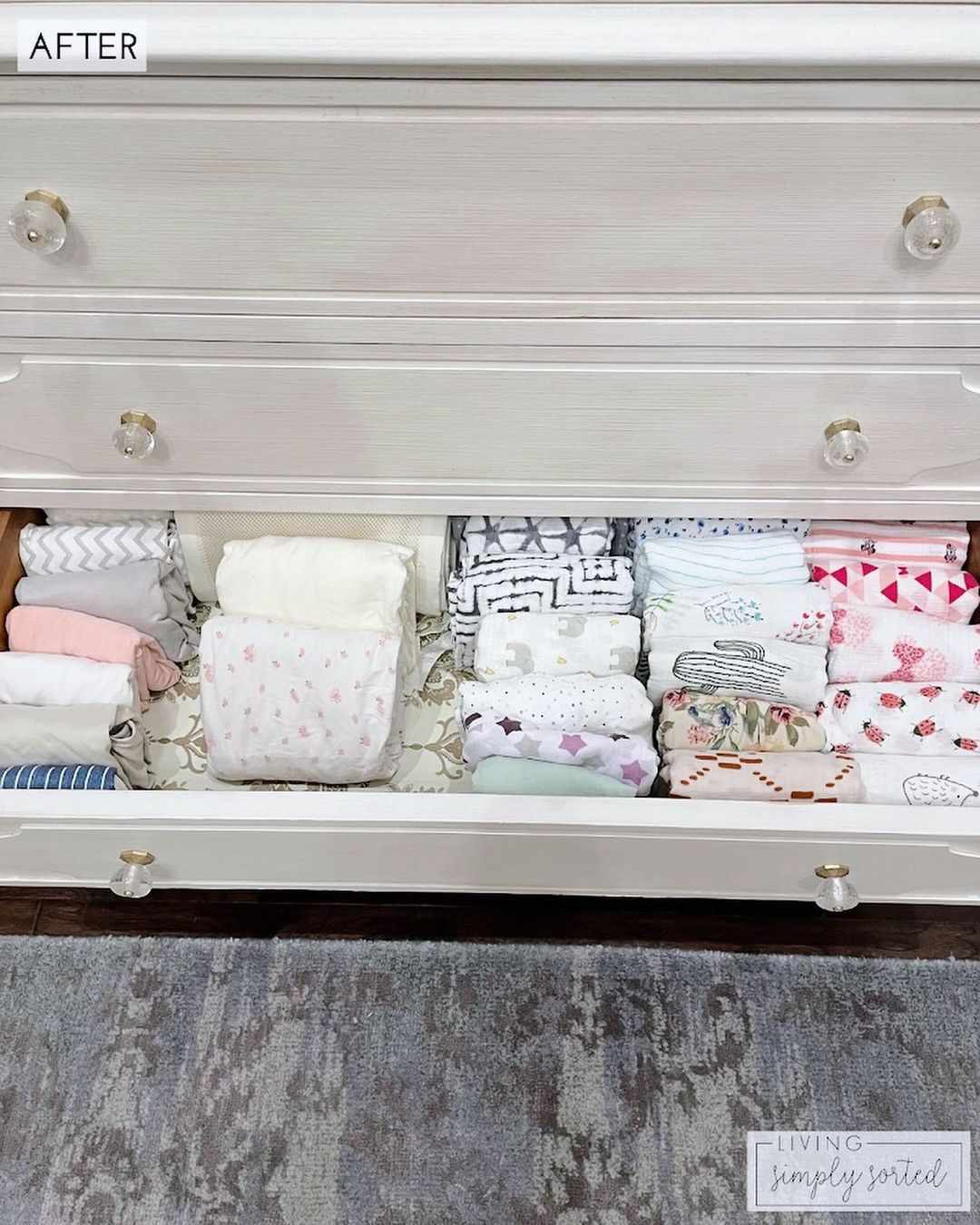 Blankets organized in drawers.