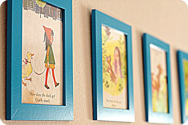 Framed pages from vintage storybooks as nursery art
