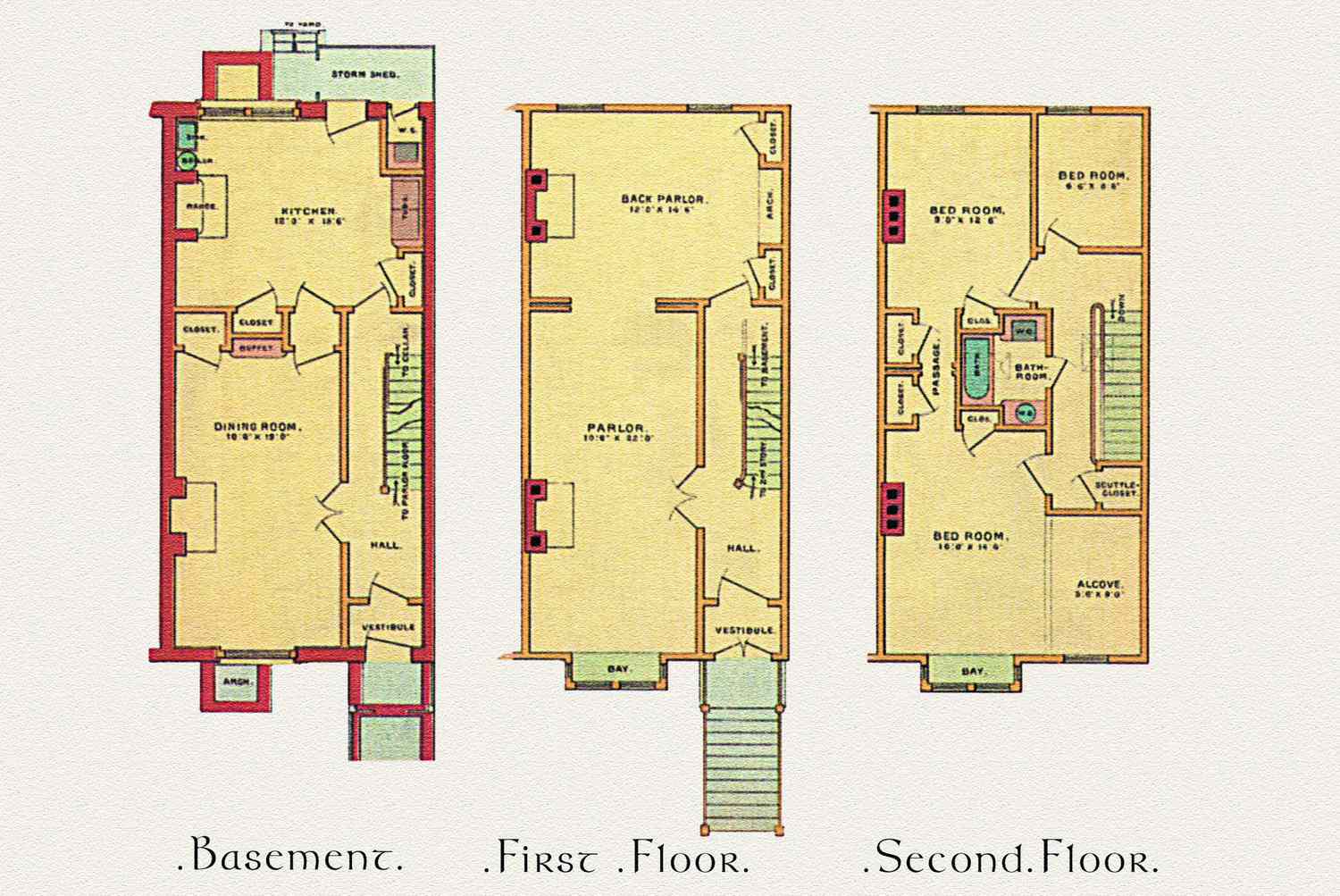 Plano arquitectónico lineal y distribución de una casa adosada victoriana, c. 1887, se ilustran los planos del sótano, primer piso y segundo piso