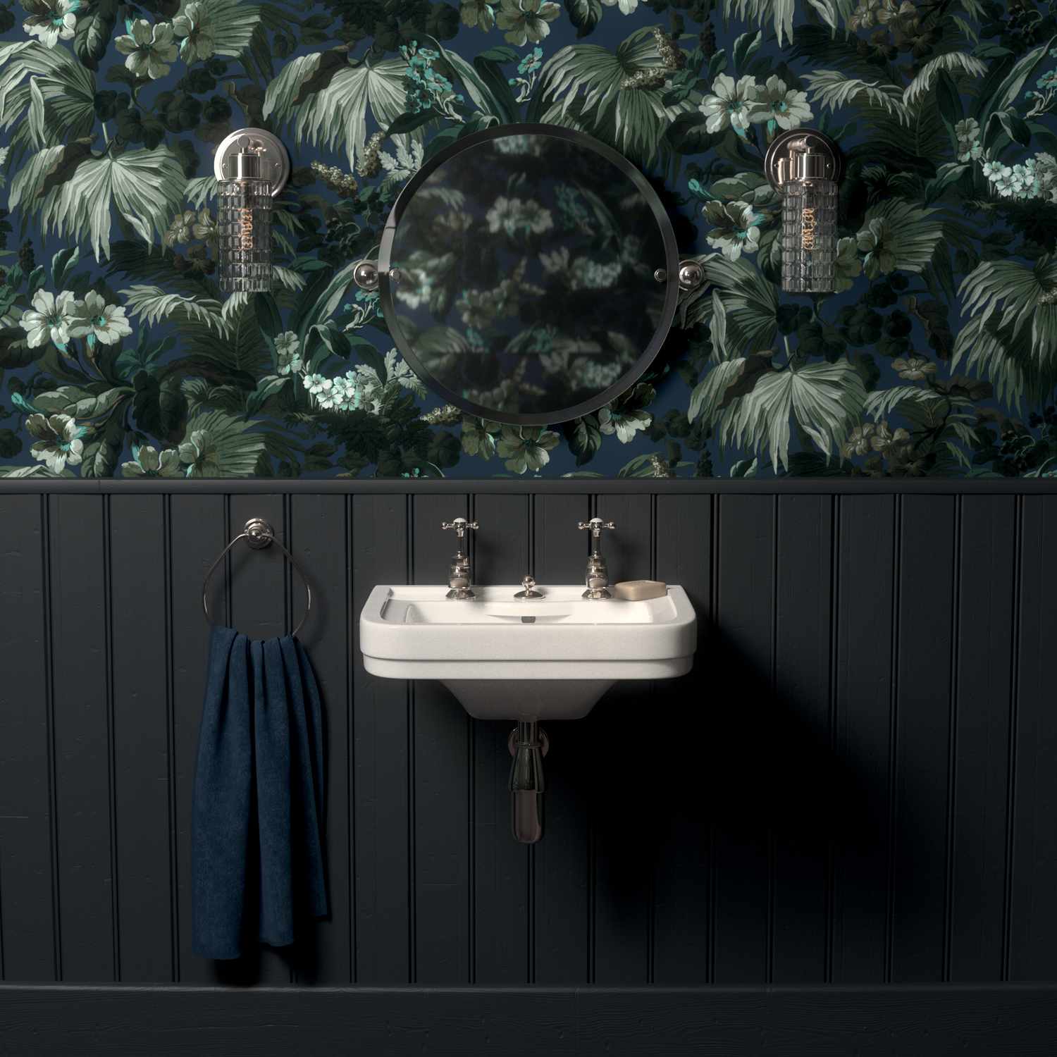 Salle de bain avec papier peint marine et vert.
