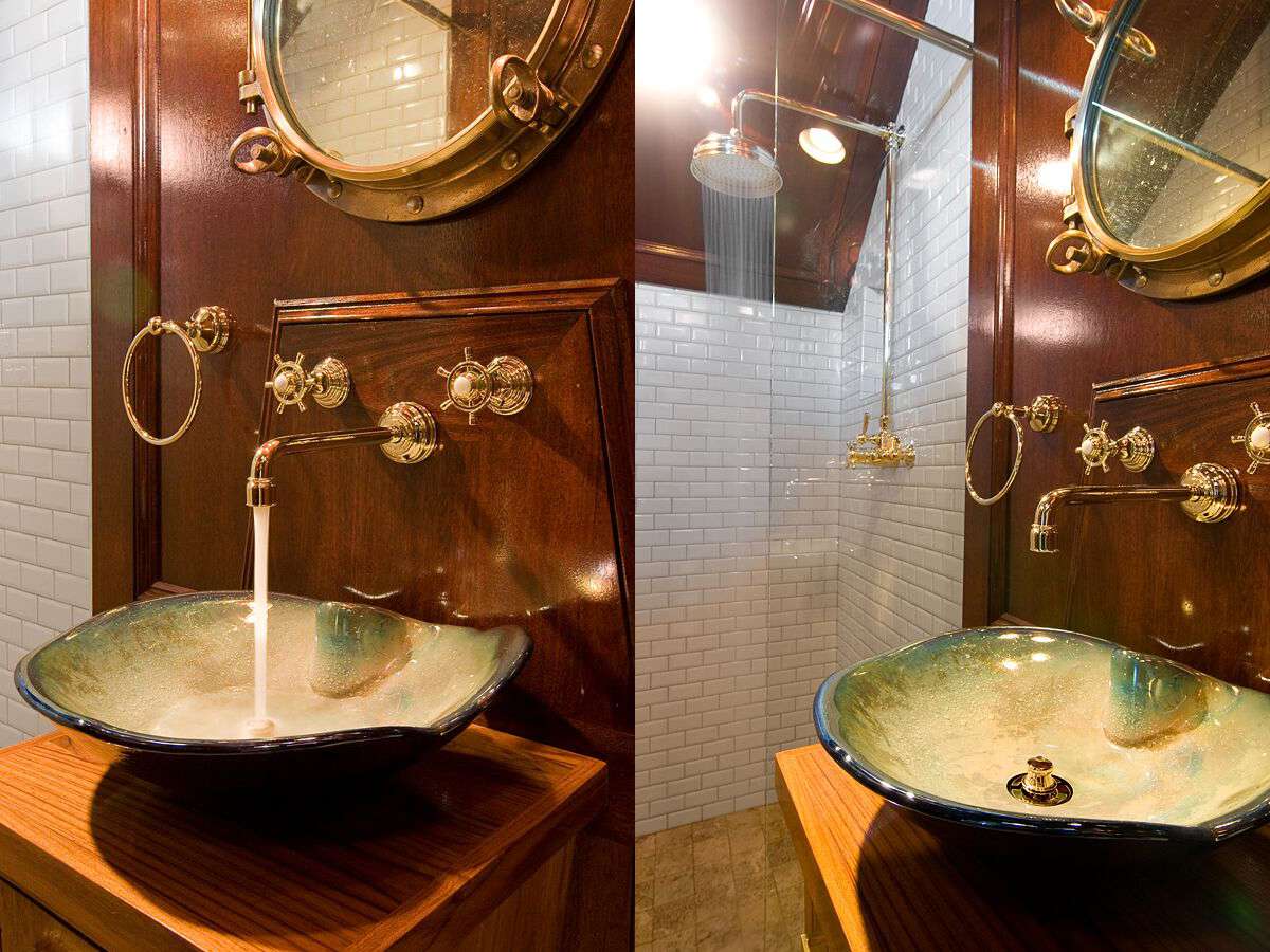 nautical bathroom with wood accents