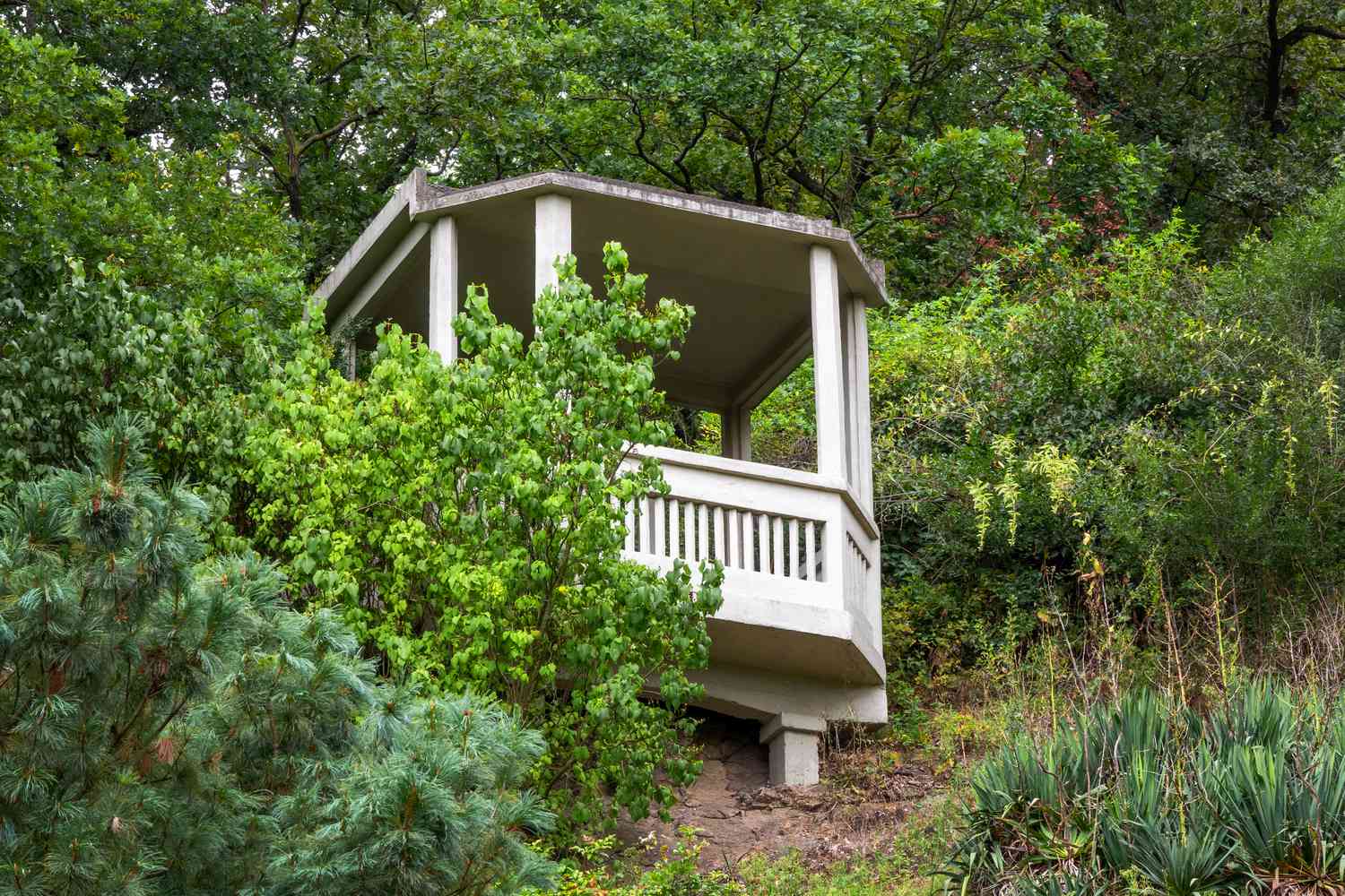 Weißer Pavillon an einem Hügel, umgeben von Bäumen und Sträuchern