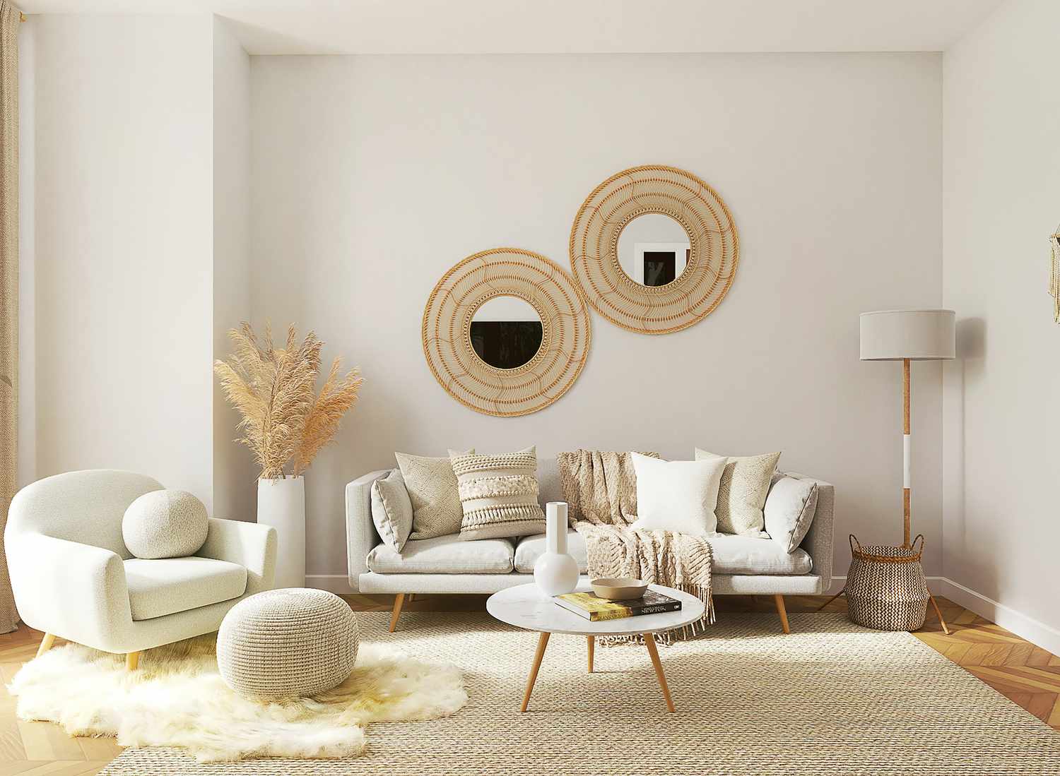 neutral earthy toned living room with rug, sofa, and mirrors