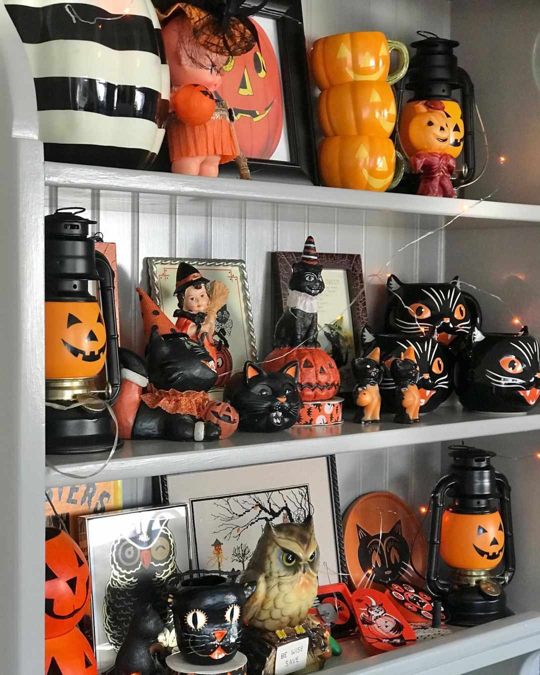 Shelves of retro pumpkins, cats and more.