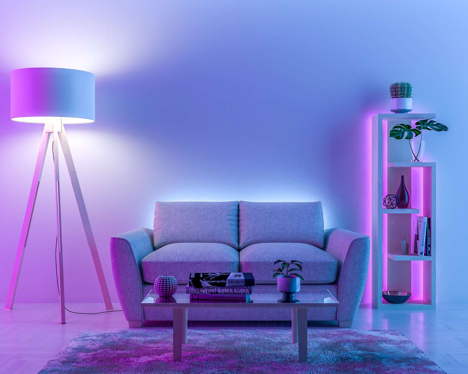 Wohnzimmer mit blauer und lila LED-Beleuchtung
