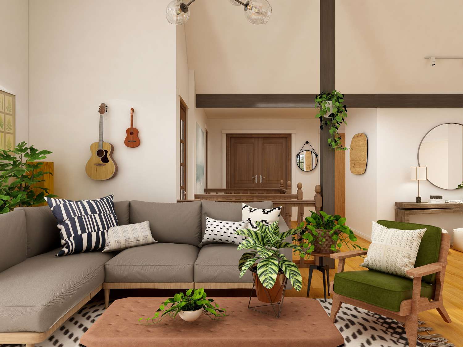 living room with brown, neutral, and green plants