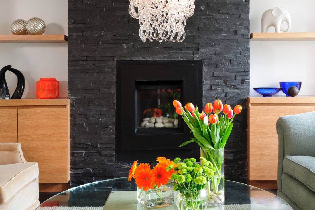 dark gray stacked stone fireplace