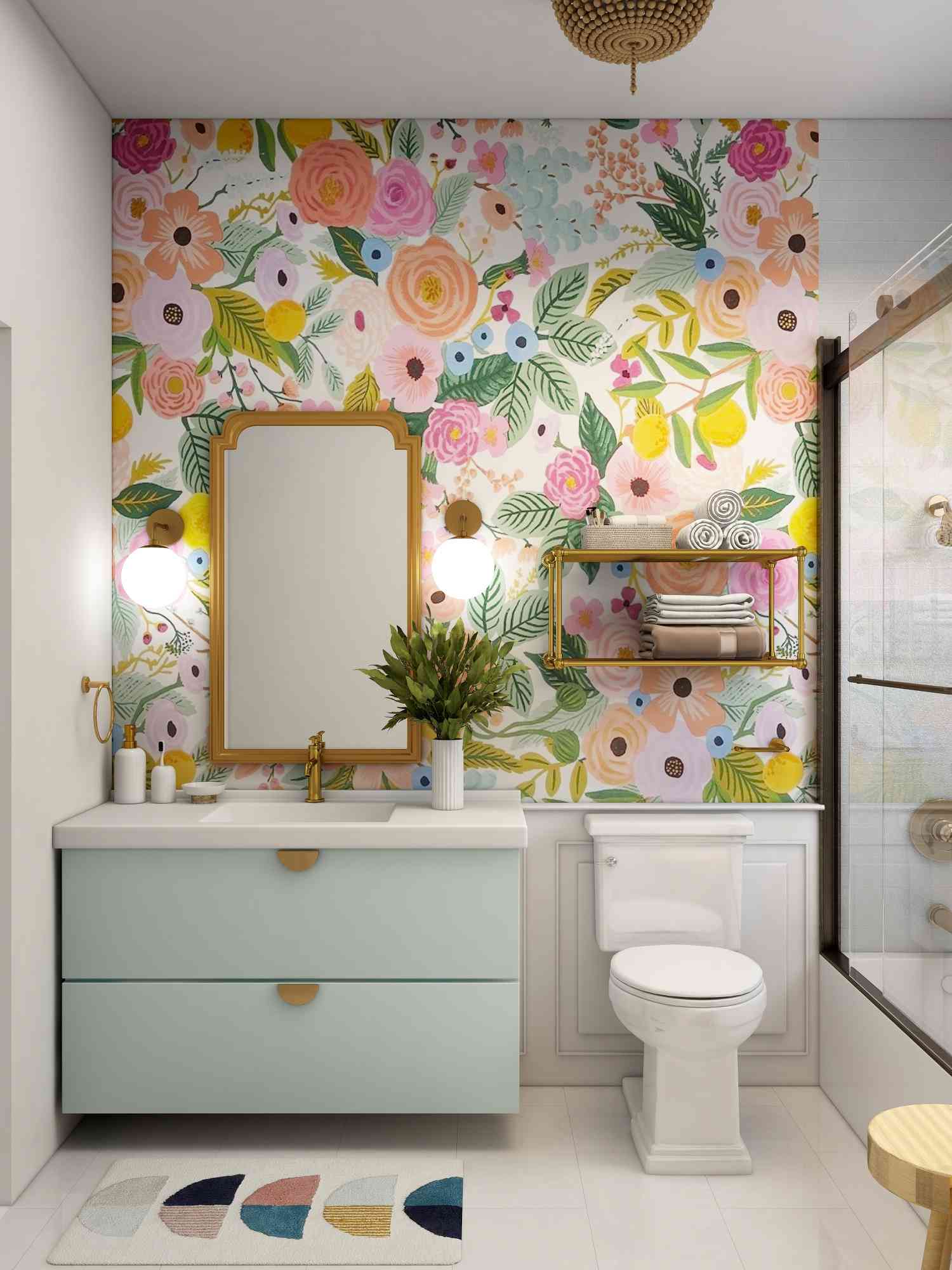 colorful floral wall paper on a bathroom wall