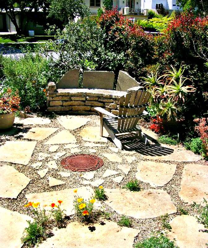 flagstone patio in a backyard