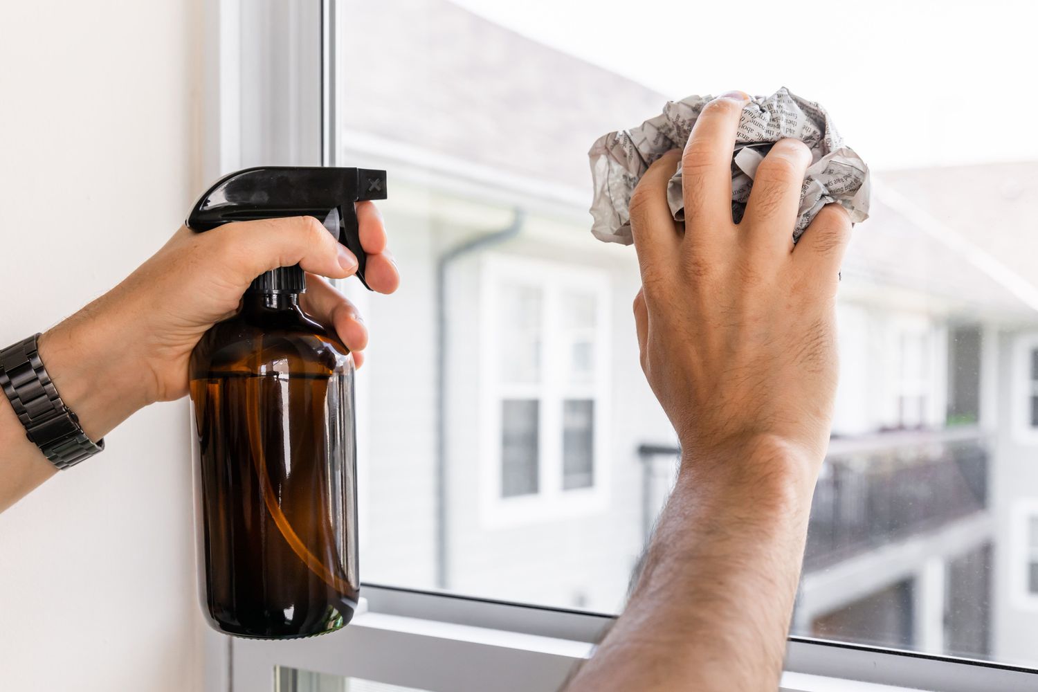 Person, die Zeitungspapier zum Reinigen eines Fensters verwendet