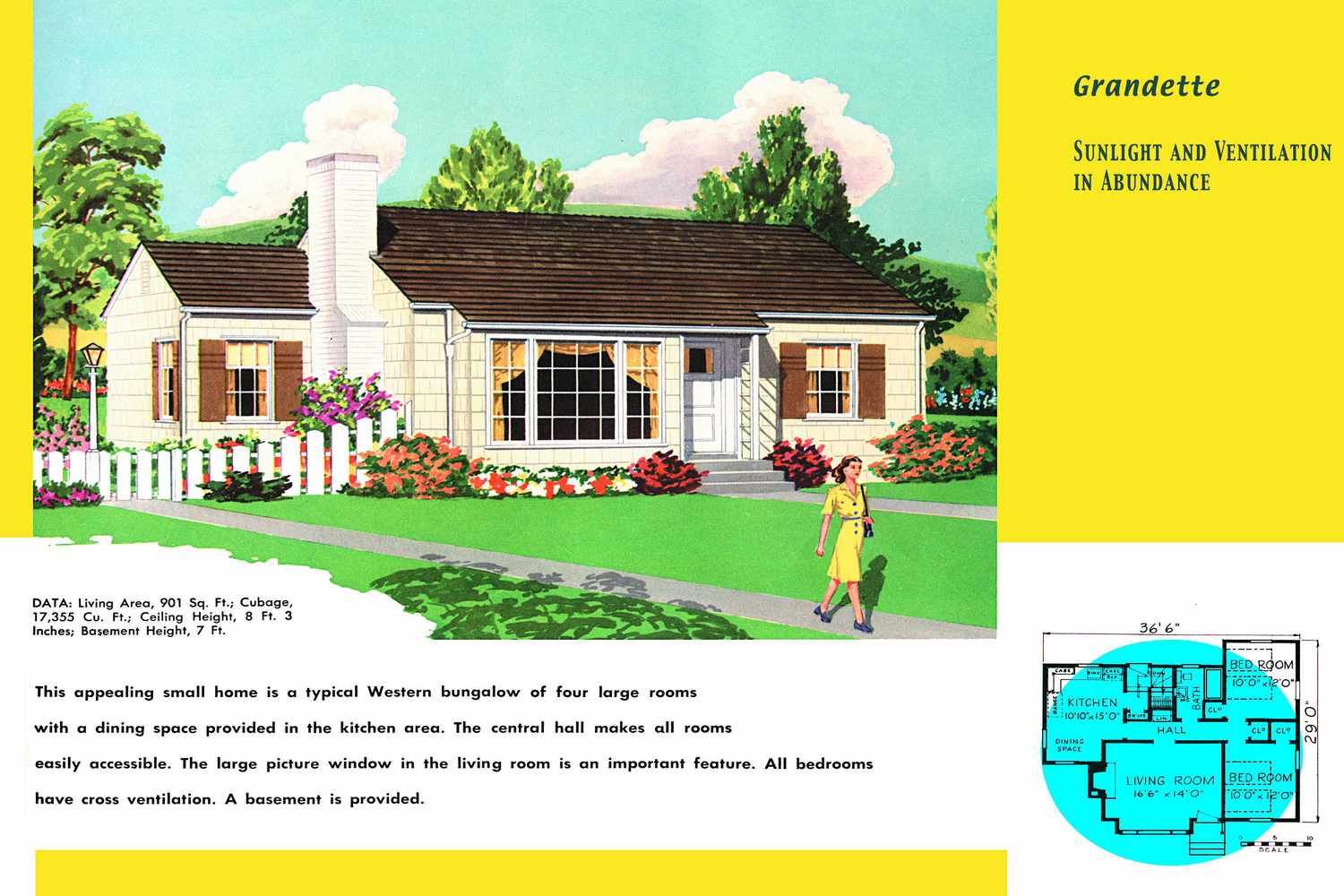 Plan d'étage et rendu d'une maison de style ranch décrite comme un bungalow occidental