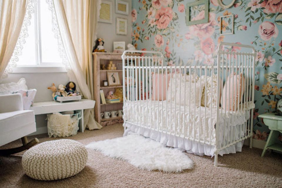 Vintage nursery with beautiful faux vintage crib