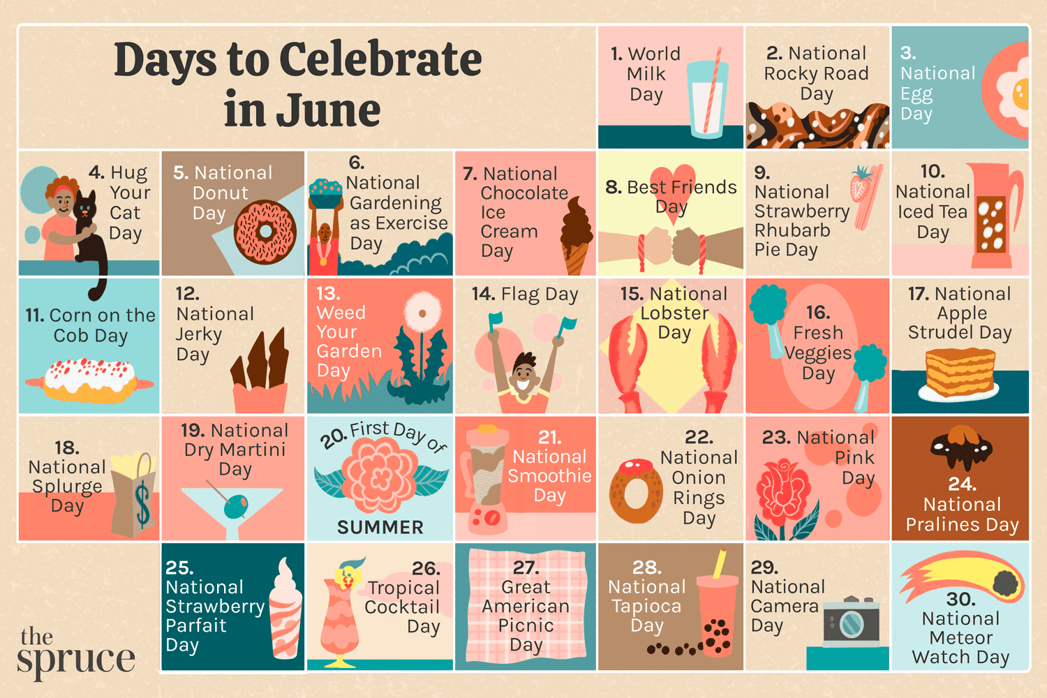 Illustration du calendrier du mois de juin avec les jours fériés notés