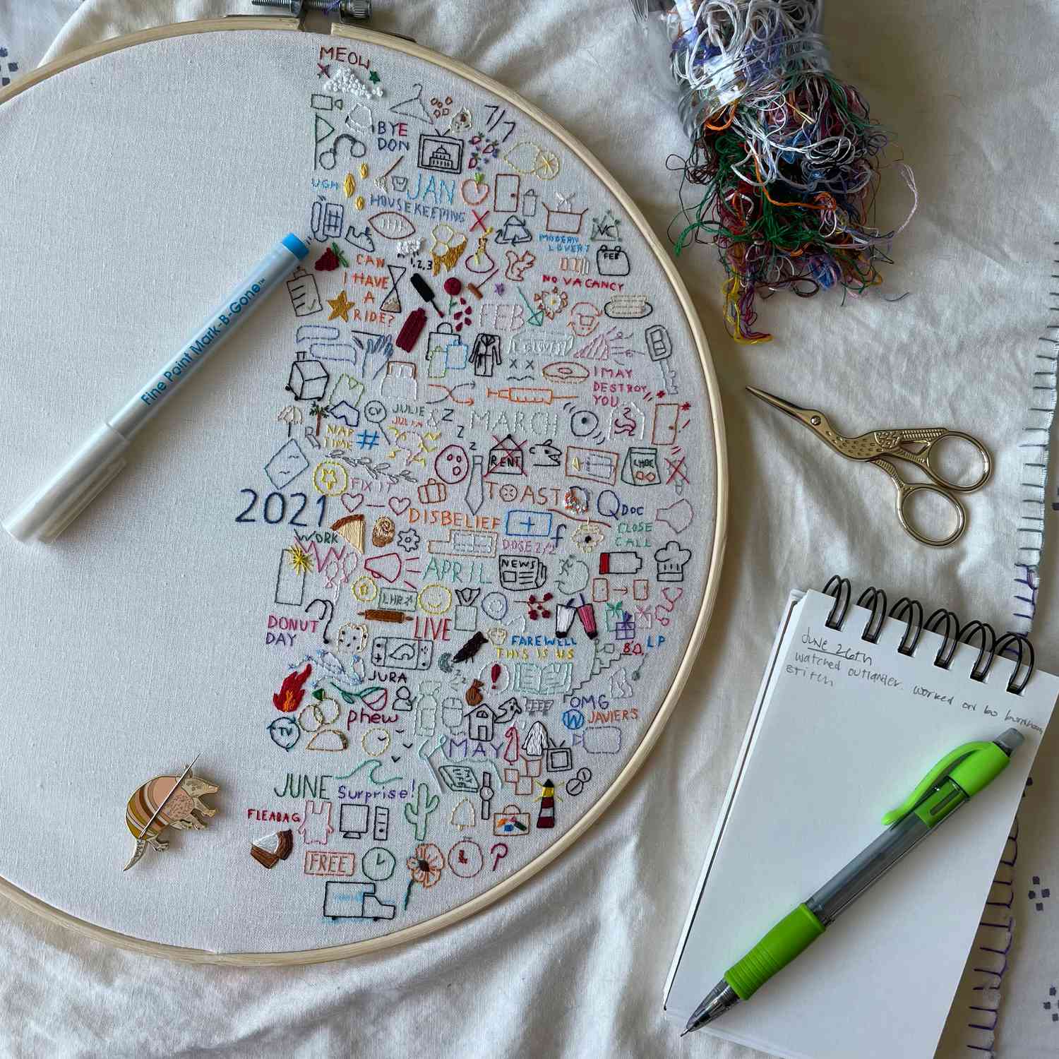 Embroidery journaling with a few months' progress (June 2021 update)